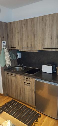 a kitchen with wooden cabinets and a sink at Apartman Ema, Blizu Gondole Brzeće - Kopaonik in Brzeće