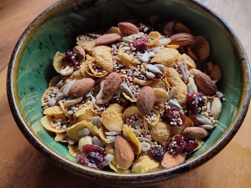 a bowl of nuts and dried fruits on a table at Lazy Lizard Hostel in Siquijor