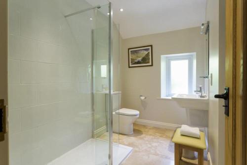 a bathroom with a shower and a toilet and a sink at Cherry Garth in Patterdale