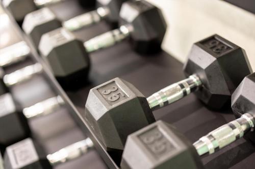 a bunch of dumbbells lined up in a row at Holiday Inn Express & Suites - San Jose Silicon Valley by IHG in San Jose