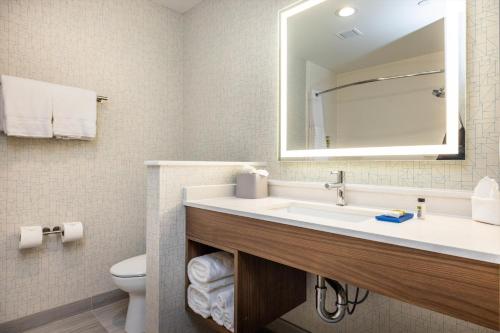a bathroom with a sink and a toilet and a mirror at Holiday Inn Express & Suites - San Jose Silicon Valley by IHG in San Jose