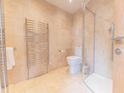 Un baño con inodoro y ducha de cristal. en Cedar Wood Coniston, en Coniston