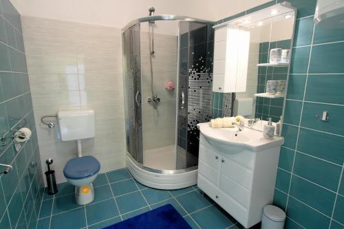 a bathroom with a toilet and a sink and a shower at Apartments with parking space Otocac, Velebit - 20246 in Otočac