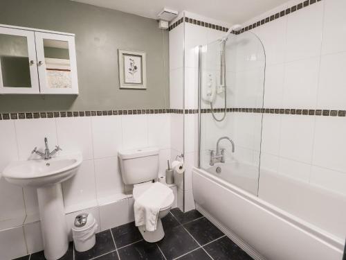 La salle de bains est pourvue de toilettes, d'un lavabo et d'une douche. dans l'établissement Babbling Brook, à Ambleside