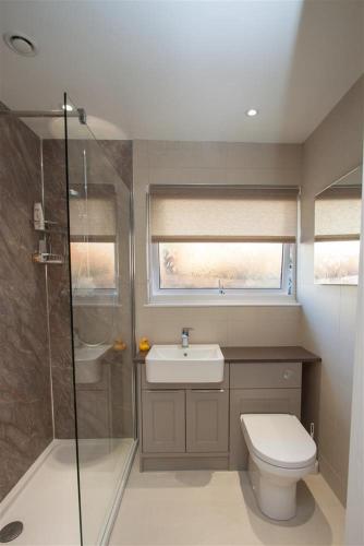 a bathroom with a shower and a toilet and a sink at Beckside in Ambleside