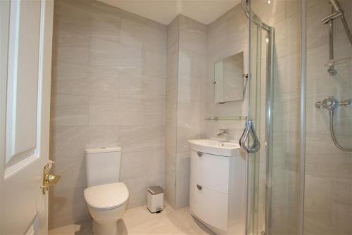a bathroom with a toilet and a shower and a sink at Waterside in Ambleside