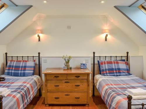 two twin beds in a room with skylights at The Old Butchers Shop in Wereham