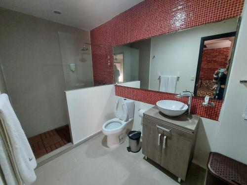 een badkamer met een toilet, een wastafel en een spiegel bij Capital Luxury Apartments & Offices in Mexico-Stad