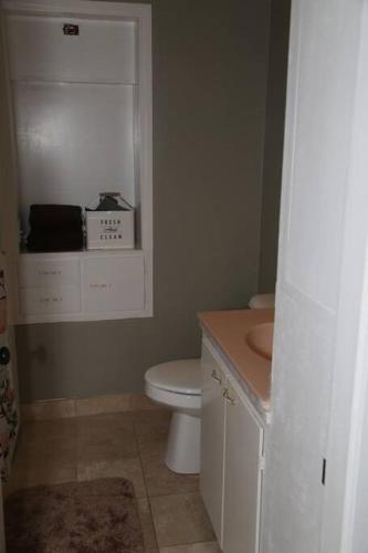 a bathroom with a white toilet and a sink at Updated Cottage 3 Bedroom Home With Game Room in River Heights