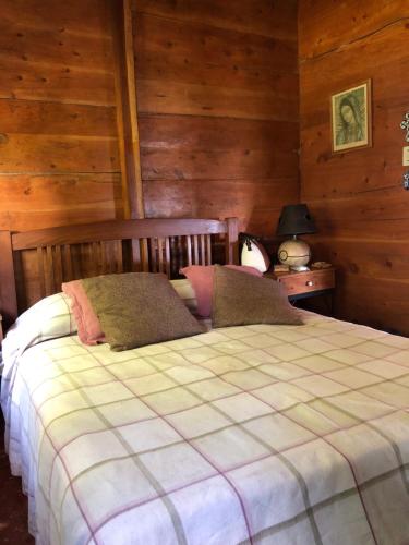 a bedroom with a bed in a room with wooden walls at PROVENZA en Los Naranjos in Juayúa