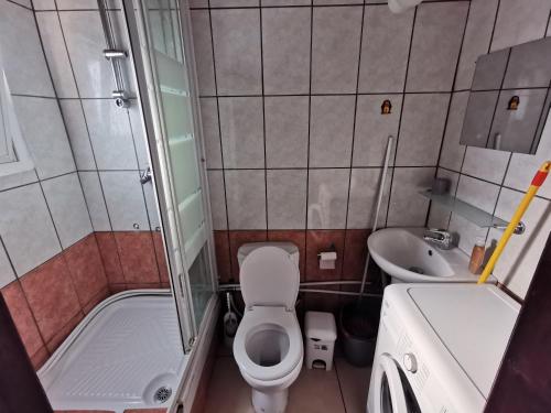 a small bathroom with a toilet and a sink at Strovolos rooms Studios in Nicosia