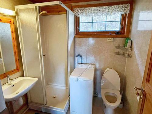 Baño pequeño con aseo y lavamanos en Three-Bedroom Holiday home in Åkra en Kyrping