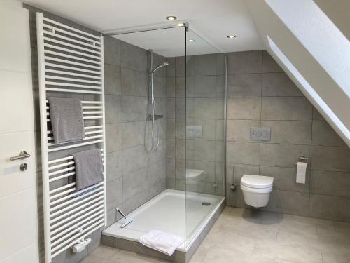 a bathroom with a shower and a toilet at Balance Apartments by M&A - Ferienwohnung Dohrenbach in Witzenhausen