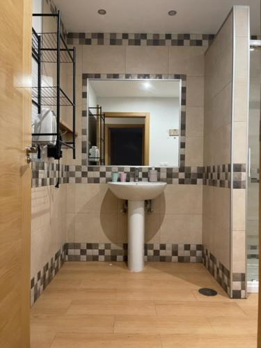 uma casa de banho com um lavatório e um espelho em Apartamentos Turísticos LOS BARRUECOS em Cáceres