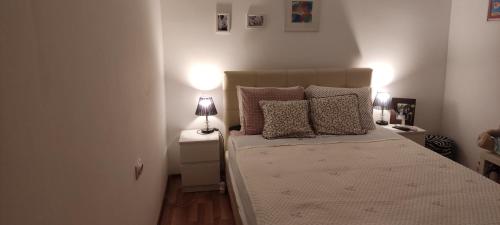 ein Schlafzimmer mit einem Bett mit Kissen und einer Lampe in der Unterkunft Cerak lux in Bele Vode