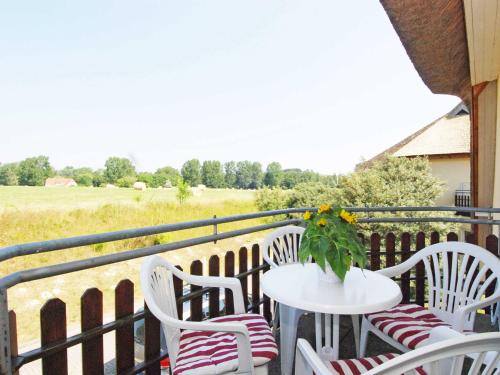 une table et des chaises blanches sur un balcon avec un champ dans l'établissement Reethaus Boddenblick - Apt. 16, à Alt Reddevitz