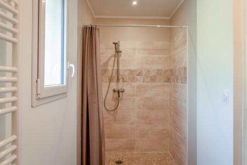 un bagno con doccia con porta in vetro di La Villa Adoé a Vallon-Pont-dʼArc