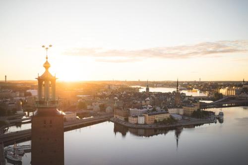 a view of a city with a clock tower at Tallink ferry - Baltic Queen Tallinn to Stockholm in Tallinn