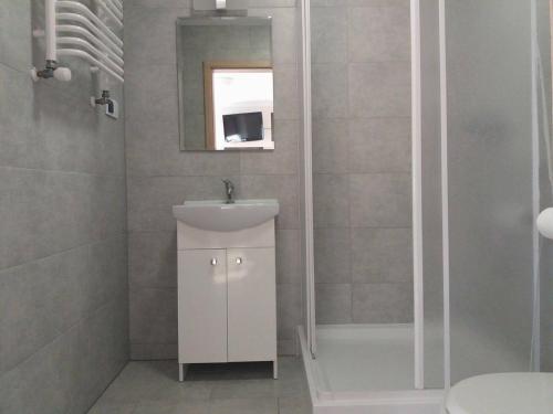 uma casa de banho com um lavatório, um WC e um chuveiro em BOSiR Białogard em Bialogard