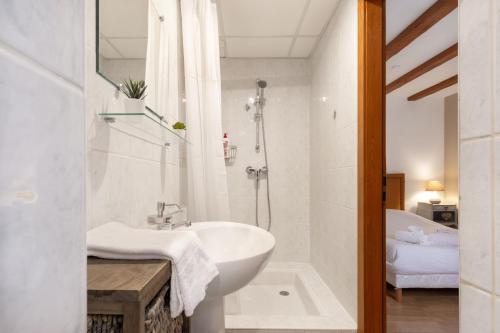 une salle de bain blanche avec un lavabo et une douche dans l'établissement Travel Homes - Tanneur 3, just next to Little Venice, à Colmar