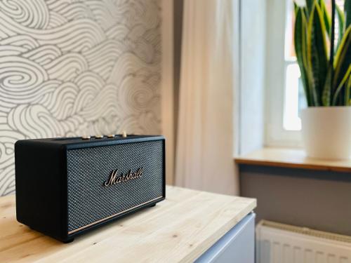 a black radio sitting on top of a counter at Elbsandstein-Suite direkt im Stadtzentrum in Pirna