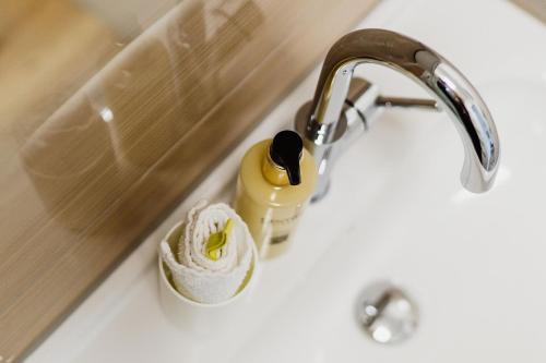 a bathroom sink with a faucet and a bottle of soap at Wohnen auf Zeit in Weingarten in Weingarten