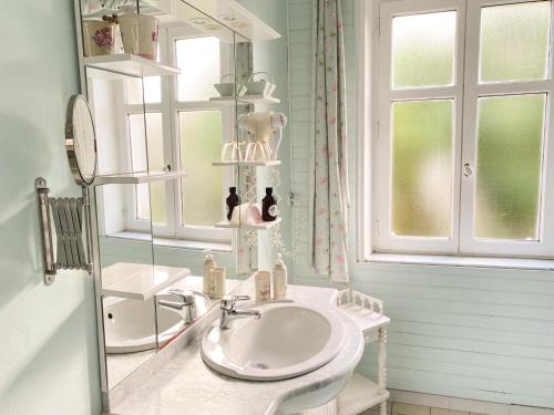 La salle de bains est pourvue d'un lavabo et d'un miroir. dans l'établissement Closerie la Fontaine, à Savigné-sur-Lathan