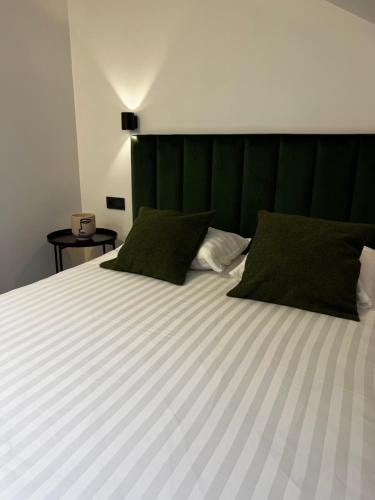 ein Bett mit einem grünen Kopfteil und zwei grünen Kissen in der Unterkunft Izabelės apartamentai. Butas - studija in Palanga