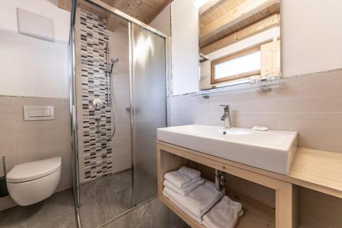 a bathroom with a sink and a shower and a toilet at Le Table E in San Vigilio Di Marebbe