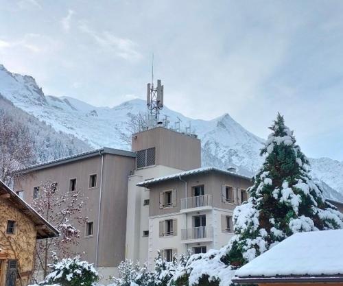 um edifício com uma árvore em frente a uma montanha coberta de neve em White Pearl em Chamonix-Mont-Blanc