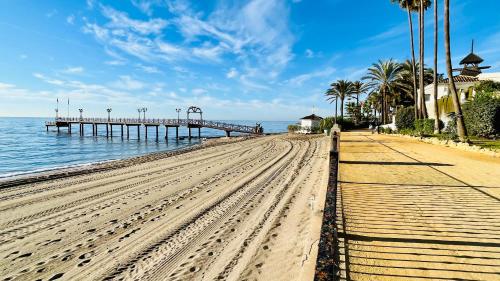 einen Strand mit einem Pier, Palmen und dem Meer in der Unterkunft EL PISITO SAND, a 700 metros del casco antiguo in Marbella