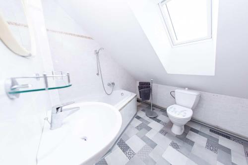 a white bathroom with a toilet and a sink at PENZION NA VÝSLUNÍ in Nové Město nad Metují
