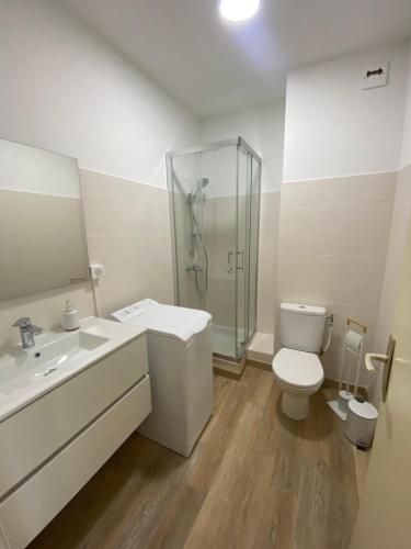une salle de bain avec une douche, des toilettes et un lavabo dans l'établissement Studio Helios, à Ajaccio