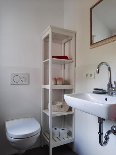 ein weißes Bad mit einem Waschbecken und einem WC in der Unterkunft Idyllisches Schwedenhaus in ruhiger Hanglage in Oetzen