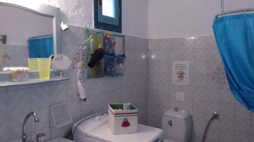 a bathroom with a toilet and a sink and a mirror at A Cretan house in a garden,overlooking the sea. in Ierapetra