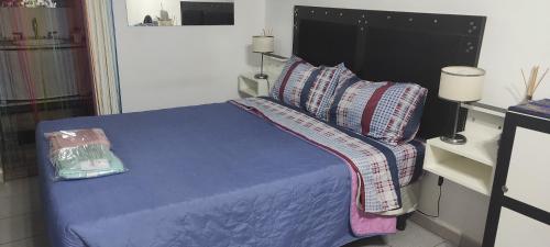 a bedroom with a bed with blue sheets and pillows at Aeropuerto Internacional 3 de Ezeiza Hospedaje con tranfer gratis al aeropuerto de Ezeiza in Ezeiza