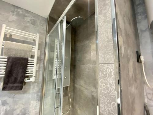 a shower with a glass door in a bathroom at Prober Comapedrosa in Arinsal