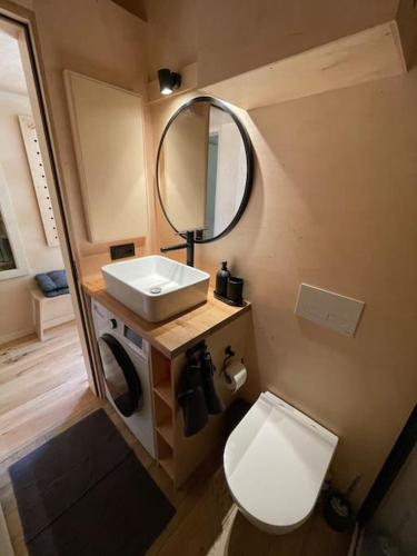 a bathroom with a toilet and a sink and a mirror at WOODX HOUSE in Lisna
