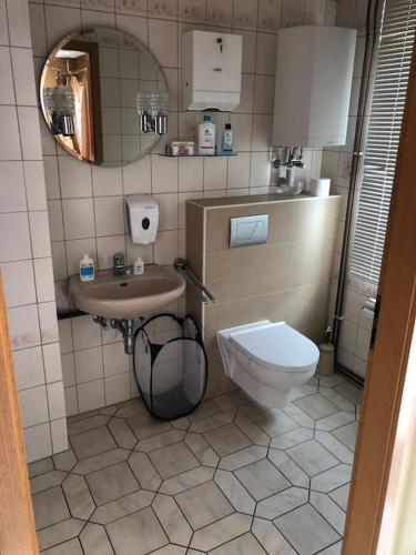 een badkamer met een toilet, een wastafel en een spiegel bij Cozy Unterkunft im Spreewald nahe Tropical Islands in Golßen