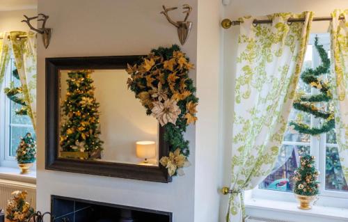 ein Wohnzimmer mit einem Spiegel und Weihnachtsbäumen in der Unterkunft Lincoln Holiday Retreat Cottage with Private Hot Tub in Lincoln
