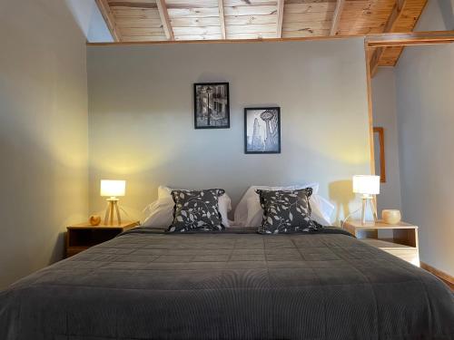 サン・カルロス・デ・バリローチェにあるHermosa y confortable casita en Barilocheのベッドルーム1室(大型ベッド1台、ランプ2つ付)