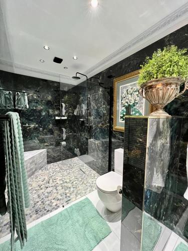 a bathroom with a shower and a toilet and a vase at Forty 4 On Hoog in Polokwane