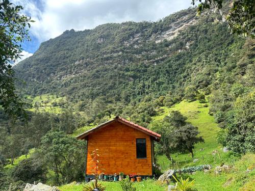a small house on a hill with a mountain at Rincón Entre Piedras-Cabaña Entre Montañas in Choachí