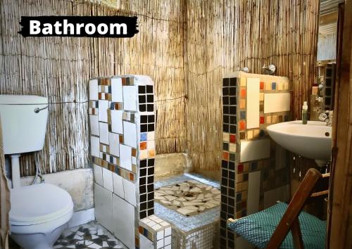 uma casa de banho com um WC e um lavatório em Eselbe Camp Backpackers em Nata