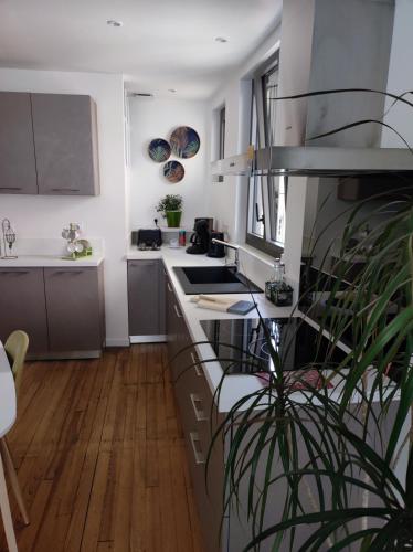 une cuisine avec un évier et une cuisinière dans l'établissement La Citadine maison de ville avec garage, à Bagnères-de-Bigorre