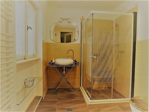 y baño con ducha, lavabo y espejo. en Buda Trió Apartments, en Budapest