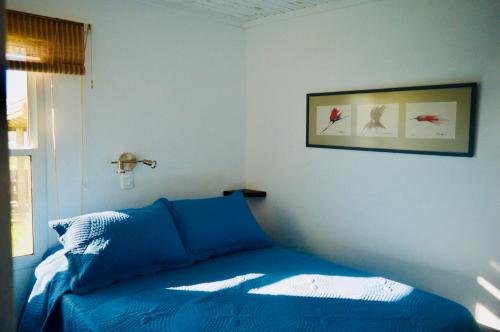 Un dormitorio con una cama azul y una foto en la pared en El fortín del Rubio, en Cabo Polonio