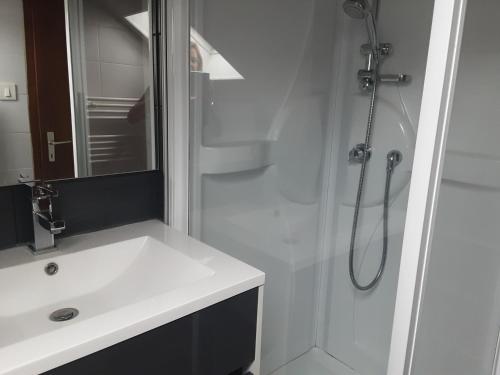 een witte badkamer met een wastafel en een douche bij Appartement du parc in Xonrupt-Longemer