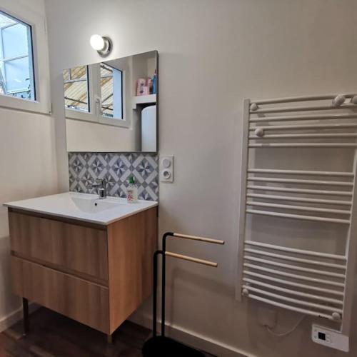 une salle de bain avec un lavabo et une douche dans l'établissement Grande maison tout confort avec extérieur centre, à Rennes