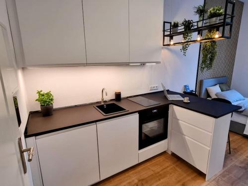 a kitchen with white cabinets and a black counter top at Modernes Apartment Karlsruhe in Karlsruhe